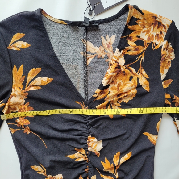 Dynamite V-neck Ruched Black & Gold Mini Dress - Size XS NWT - Picture 6 of 14